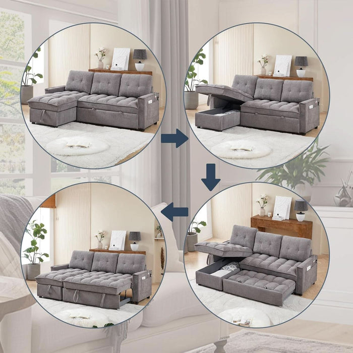 78.75" Sleeper Sofa Couch,Pull-Out Sofa Bed with USB and Tape-C Charging Ports, L-Shaped Sectionalsofa with Reclining Storage and Pocket for Living Room Apartment,Chenille(Dark Grey)
