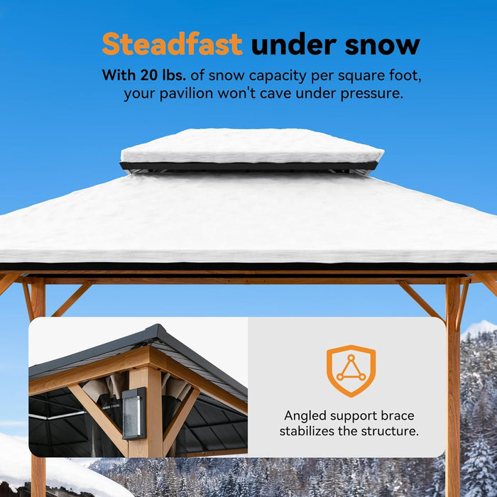 Modern Shade the Horizon Hard Top Gazebo 10' X 12' with 4 LED Lights, Permanent Hardtop Gazebo with Galvanized Steel Double Roof, Metal Gazebo with Decor Hooks, Mosquito Nettings for Patio, Wood Grain