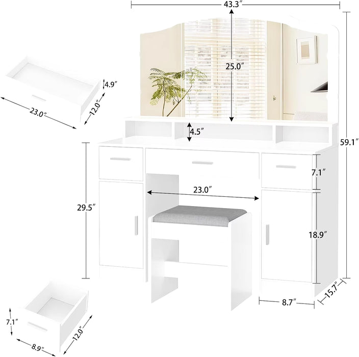 Newmakeup Vanity with Lights, Vanity Desk, Makeup Vanity Table with 3 Drawers, 2 Cabinets &Long Storage Shelf, 10 Led Lights