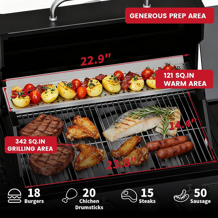 4-Burner Propane Gas Grill with Side Burner, 50,000 BTU Gas BBQ Grill with Stainless Steel Grates,Easy-Clean Grease, Side Tablesfor Patio, Camping, Backyard