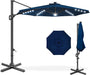 10Ft Solar LED Cantilever Patio Umbrella, 360-Degree Rotation Hanging Offset Market Outdoor Sun Shade for Backyard, Deck, Poolside W/Lights, Easy Tilt, Cross Base - Navy Blue