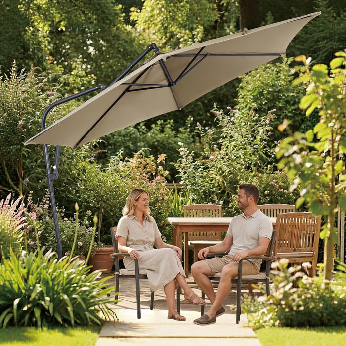 10FT Offset Patio Umbrella, Cantilever Hanging Umbrella with Infinite Tilt, Fade-Resistant Water-Repellent Canopy & Cross Base for Yard, Garden & Deck