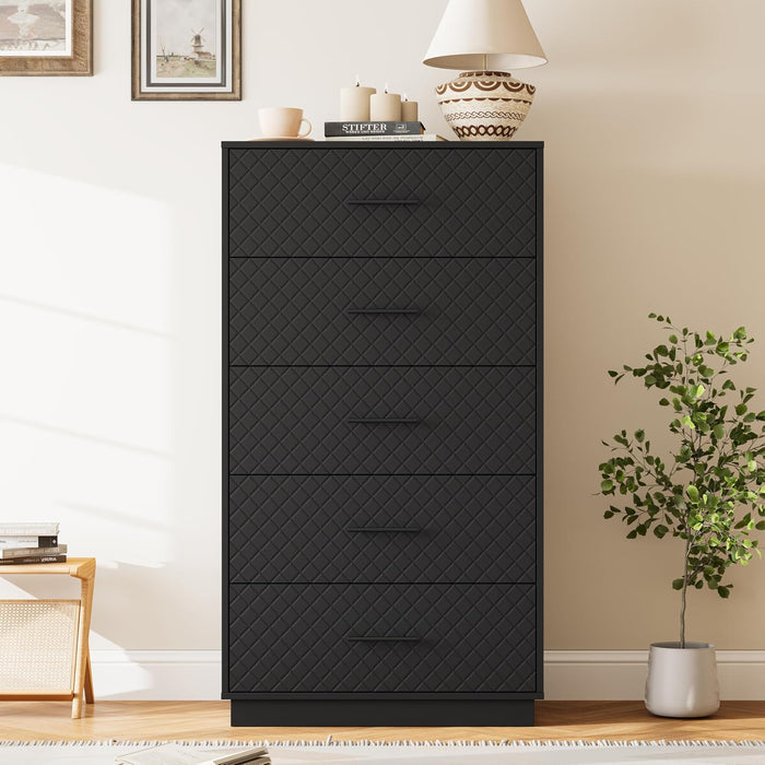 Tall Dresser with 5 Drawers, Modern Wooden Chest of Drawers with Diamond Panel, Anti-Tipping Device, Sturdy and Stable Storage Organizer for Bedroom, Hallway, Living Room