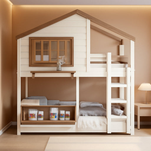 Beige SpaceSaving PlayhouseStyle Bunk Bed With Storage