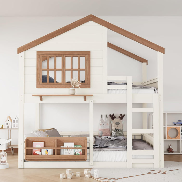 Beige SpaceSaving PlayhouseStyle Bunk Bed With Storage
