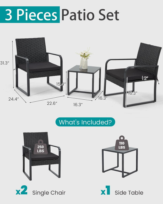 3 Piece Outdoor Patio Furniture Set, Patio Bistro Set Wicker Conversation Set, Modern Rattan Chair with Glass Coffee Table for Backyard, Porches, Poolside, Lawn and Balcony