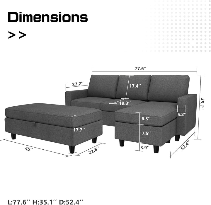 Dark Grey Sectional Sofa L-Shaped Couch with Ottoman