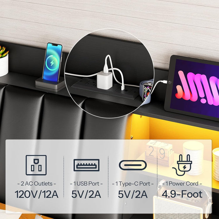 Upholstered Headboard Full Size with Storage, Headboard with Charging Station and LED Light Strip, Padded Backrest and Open Storage Shelf, Metal Frame Adapter, for Full Bed Frames, Black