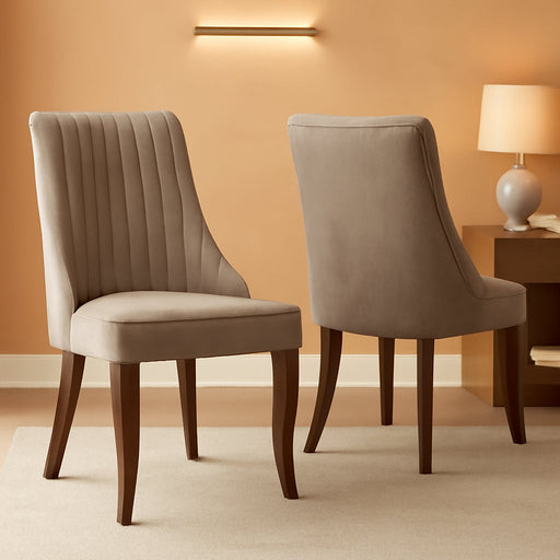 Beige Dining Chairs Set of 2，Comfortable Fabric Channel Tufted Upholstered Dining Room Chairs, Modern Kitchen Chairs for Dining Room with Curved Solid Wood Legs(Beige)