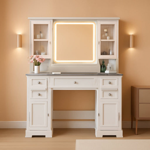 Vanity Desk with Lights, Large LED Mirror with 3 Color Modes, Makeup Vanity with Power Outlet & USB Ports, 6 Drawers & 2 RGB Glass Cabinets, Farmhouse Dressing Table for Women & Girls (White)