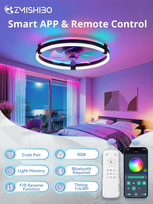RGB Ceiling Fans with Lights and Remote, 20 Inch Low Profile Ceiling Fan with Light, 3000K-6000K Dimmable & RGB, Modern Fandelier Flush Mount Ceiling Fan, Small LED Fan for Bedroom