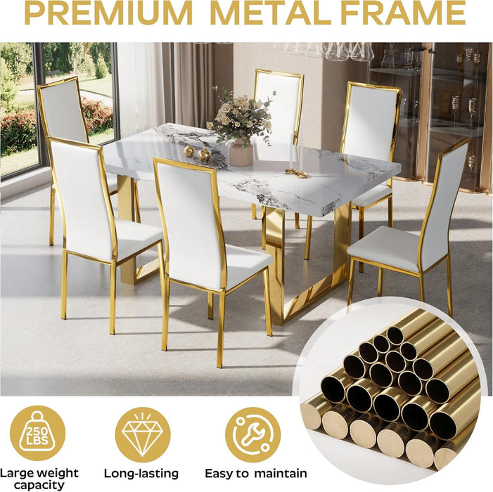 White Dining Chairs Set of 4 Modern Dining Room Chairs with High Back&Faux Leather Padded Seat Upholstered Dining Chairs with Chrome Metal Gold Legs for Kitchen Dining Room