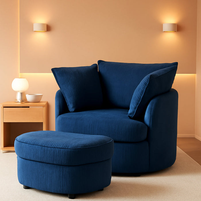 Swivel Accent Chair,Comfy Reading Chairs for Bedroom,Modern Corduroy Arm Chair with Ottoman,360°Swivel Barrel Chairs for Living Room,Apartment (Blue, 1)