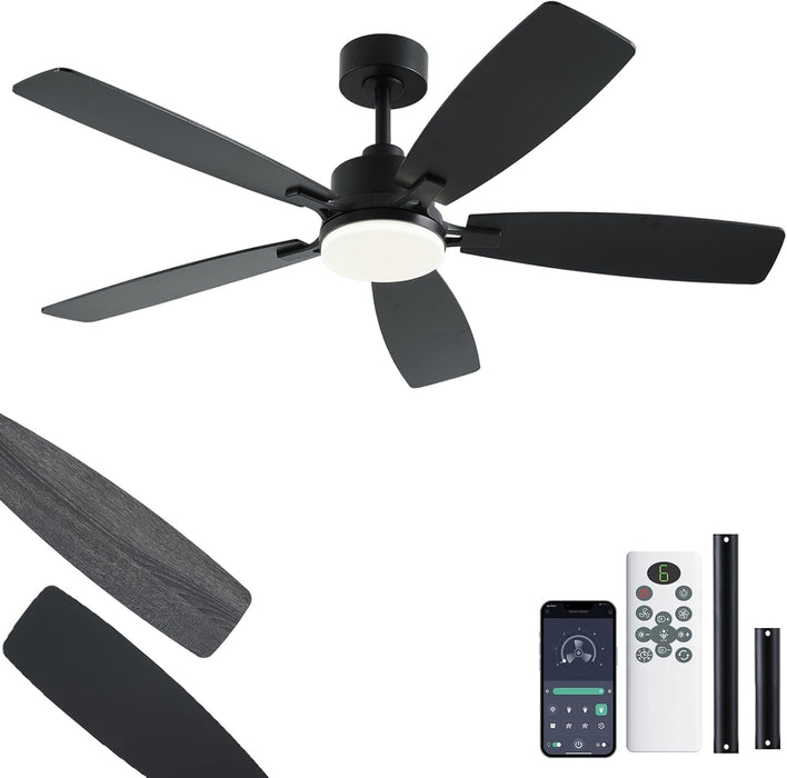 52 Inch Ceiling Fans with Lights, Black Ceiling Fan and Remote/App Control, 2 Downrods, DC Reversible, Noiseless, Dimmable, 5 Dual-Sided Blades Modern Ceiling Fan for Indoor/Outdoor Use