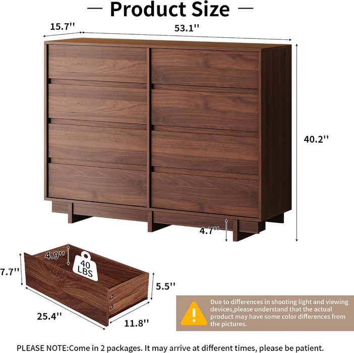 8 Drawer Walnut Dresser for Bedroom, 53" Wide Mid Century Modern Dresser