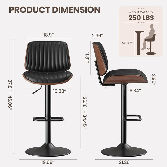Bar Stools Set of 1, Adjustable Counter Height Bar Chairs 26"-34.5" with Swivel & Footrest, Modern Faux Leather Barstools for Kitchen Island, Dining Room,Pub,Black
