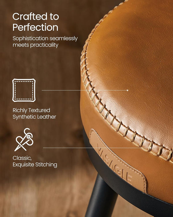 EKHO Collection - Bar Stools Set of 2, Swivel Bar Height Bar Stools with Back, Synthetic Leather with Stitching, Mid-Century Modern, 30-Inch Tall Barstools for Kitchen Home Bar, Caramel Brown