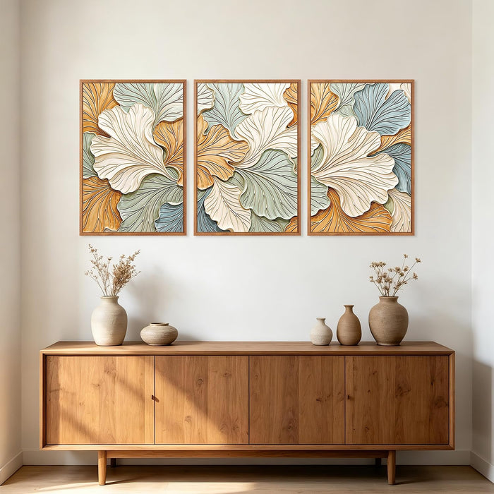 3D Neutral Earth Tone Impasto Ginkgo Leaf Textured Framed Canvas Wall Art Set, Pastel Minimalist Relief Wall Decor, Modern Art Prints for Living Room Hallway Bedroom Home Decor 24"X36"X3