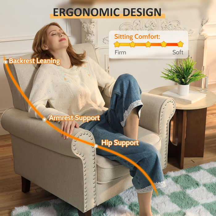 Comfy Accent Chair, Mid-Century Modern Fabric Living Room Chair Reading Chair with Soft Cushion, Nailhead Trim & Rolled Armrest, Arm Chair Sofa Chairs for Bedroom Waiting Room Office, Beige