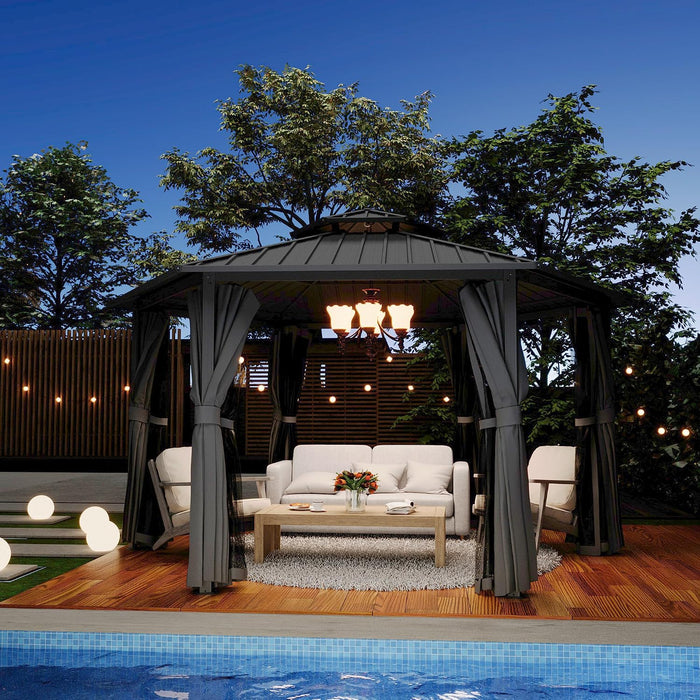 13x15 Ft Gray Hardtop Aluminum Gazebo OutdoorPatio