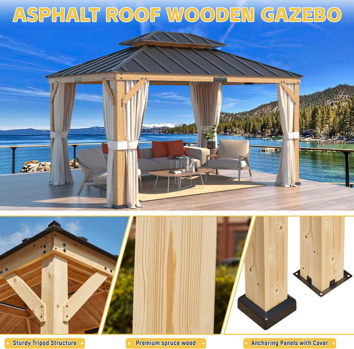 11' X 13' Asphalt Hardtop Gazebo, Spruce Wood Double Roof Gazebo with Curtains and Meshes, Canopy Gazebo with Waterproof Coated Wood Frame for Patios, Gardens, Lawns, and Backyards