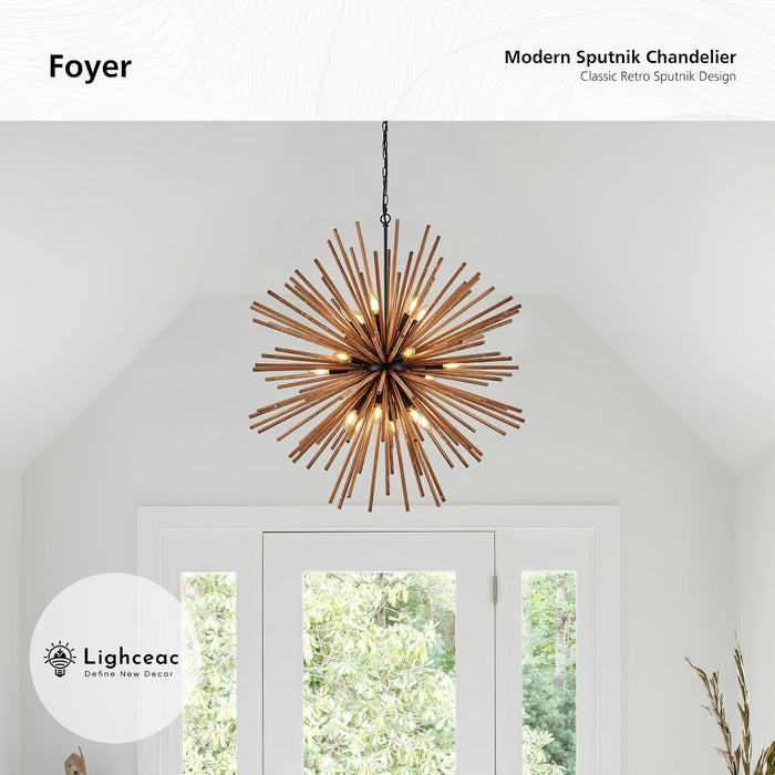 37.4" Farmhouse Sputnik Chandelier for Dining Room Rustic Handmade Natural Wood 18-Light Hanging Ceiling Pendant Light Fixture Starburst Wood Chandeliers for Kitchen Bedroom Foyer Hallway