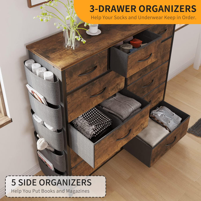 Dresser for Bedroom with 11 Drawer, Dressers & Chests of Drawers with Side Pockets, Hooks, Fabric Storage Drawer, Steel Frame, Wood Top, Organizer Unit and Pull Handle for Closet.