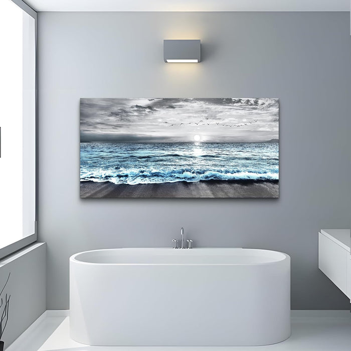 Black and White Beach Wall Painting - Canvas Wall Art for Living Room & Bedroom - Large Decor - Blue Ocean Sea Wave Landscape Pictures Artwork Posters Home Decor