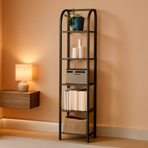 Narrow Bookshelf Five Tier Steel Frame WalnutFinish