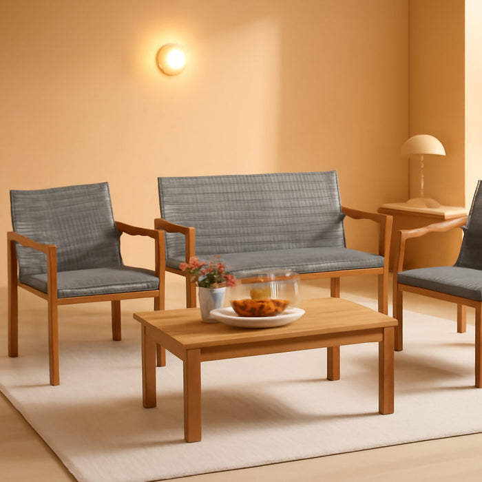 4 Pieces Outdoor Furniture Set, Acacia Wood Frame Sofa Set W/Rattan Seat & Back, Patio Conversation Set W/Coffee Table for Balcony, Poolside, Backyard (Mix Gray)