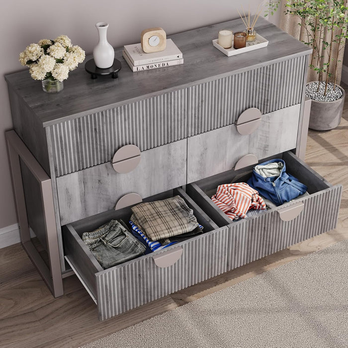 Modern Fluted Dresser for Bedroom, 50" W Solid Chest of Drawers, 6 Large Drawers 34" H Dresser with Great Depth Drawers-Semicylinder Drawer Front Design, Stable Raised Legs, Large Handles,Gray