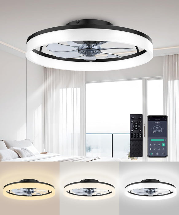 Ceiling Fans with Lights and Remote, 20" Fandelier Ceiling Fan Flush Mount, 3000K-6500K Smart Bladeless LED Fan Light, Modern Low Profile Ceiling Fan with Light for Bedroom, Kids Room and Living Room.