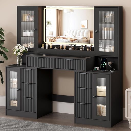 55" Vanity Desk with Mirror & Lights, Fluted Makeup Vanity with 8 Drawers & 4 Cabinets, Tempered Glass Top, RGB Cabinet Lighting, 3-Color Dimmable Mirror, and Charging Station