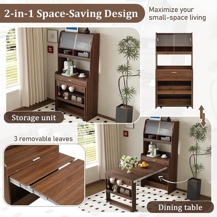 Sideboard Buffet Cabinet with Foldable Dining Table, Multifunctional Cupboard with Storage Shelf and Hooks, for Small Places,Studio, Apartment
