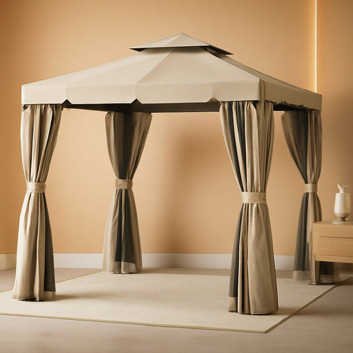 10' X 10' Patio Gazebo, Aluminum Frame Double Roof Outdoor Gazebo Canopy Shelter with Netting & Curtains, for Garden, Lawn, Backyard and Deck, Khaki