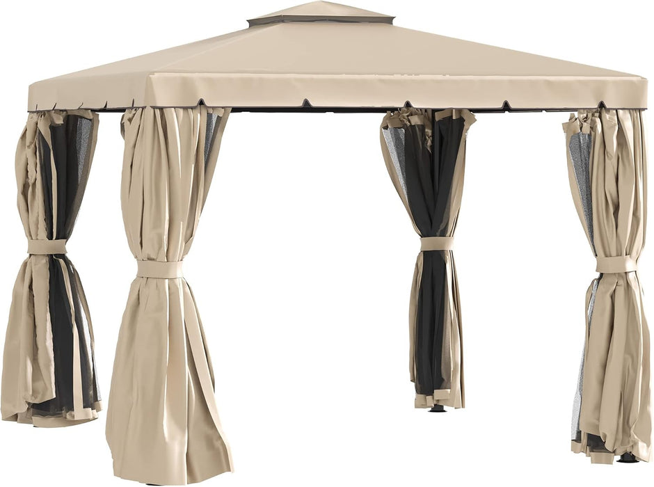 10' X 10' Patio Gazebo, Aluminum Frame Double Roof Outdoor Gazebo Canopy Shelter with Netting & Curtains, for Garden, Lawn, Backyard and Deck, Khaki