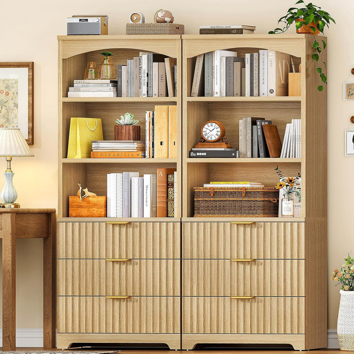 63.3" Tall Bookshelf, Bookshelves and Bookcases with Drawers, Arched Design Bookcase with Storage Cabinet, Natural Wood Grain Wave Pattern Storage Shelves for Living Room, Bedroom,Office