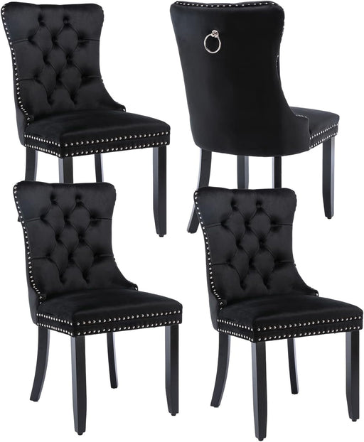 Black Velvet Dining Chairs Set of 4, Upholstered Dining Room Chairs with Back Ring Pull Trim and Solid Wood Legs,Modern Dining Chairs Perfect for Dining Room,Living Room,Kitchen(Black)