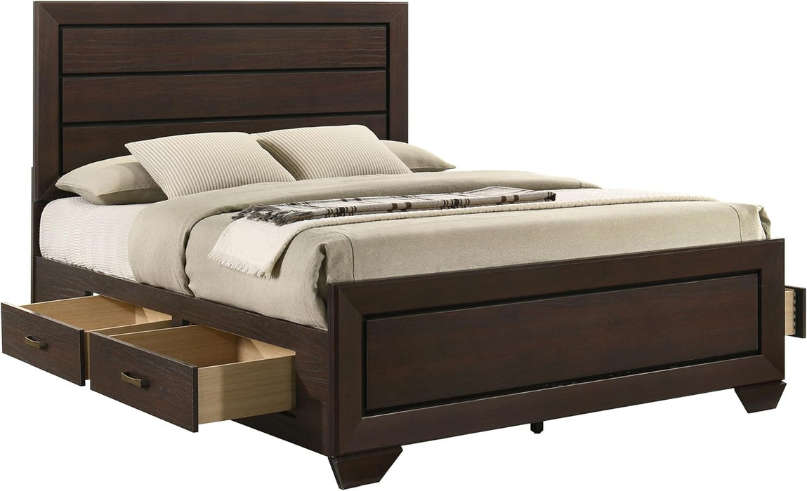 Home Furnishings - Kauffman - Wood - Queen Platform Bed with Horizontal Planked Headboard, 4 Drawers, and Side Storage - Bedroom - Dark Cocoa - 204390Q