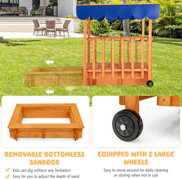 3 in 1 Kids Sandbox with Playhouse and Canopy, Wooden Cedar Bottomless Sand Pit for Backyard W/Wheels, Guardrails & Cover, Portable Sand Boxes for Kids Outdoor with Lid