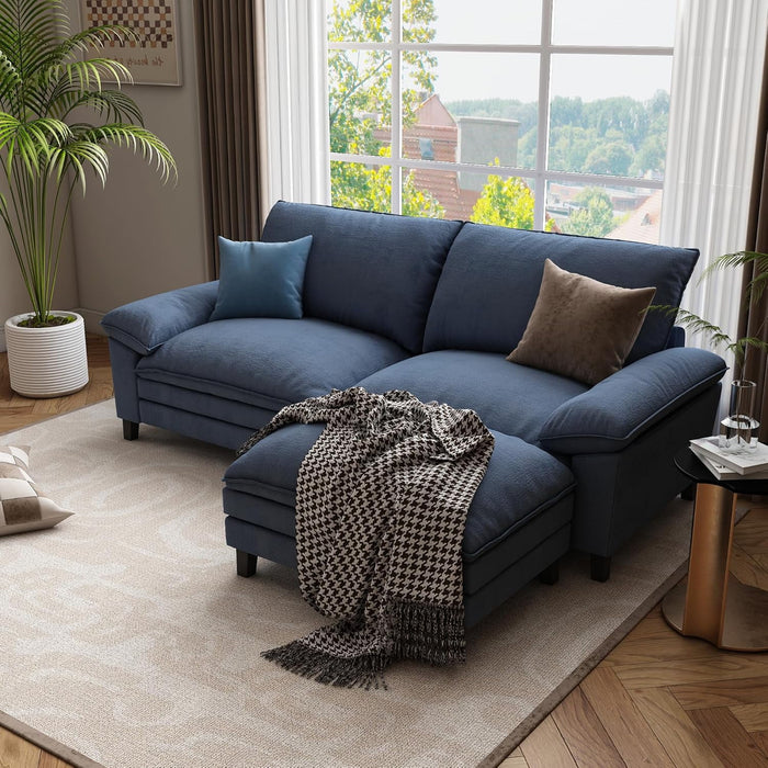 Chenille 2 Seater Modular Sofa with Ottoman, Blue