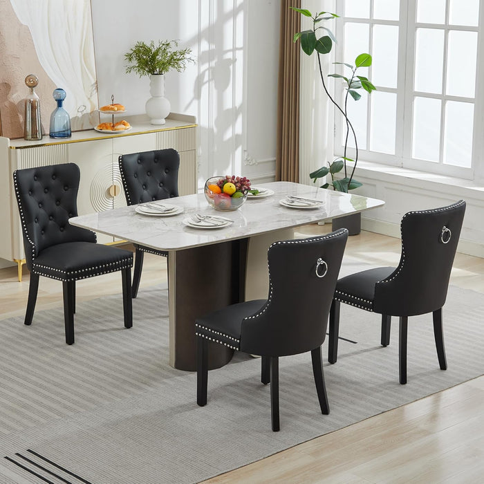 PU Leather Dining Chairs Set of 4, Tufted Upholstered Dining Room Chair with Solid Wood Legs and Pull Ring, Black