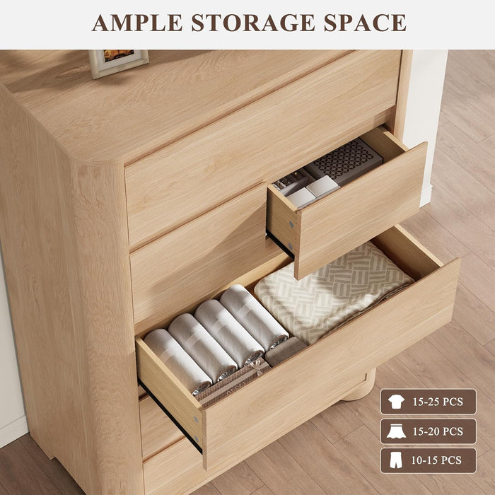 Dresser for Bedroom with 6 Drawers, 48" Tall Modern Chest of Drawers with Unique Thickened Foot, Rounded Corner Design, Wooden Dresser Organizer for Bedroom, Living Room, Hallway, Natural Oak