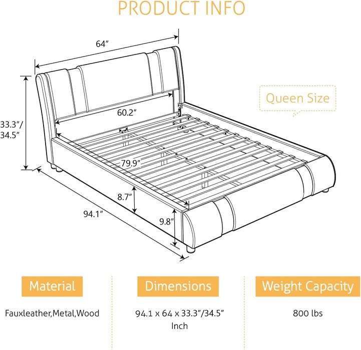 Queen Bed Frame with Iron Pieces Decor, Faux Leather, Black