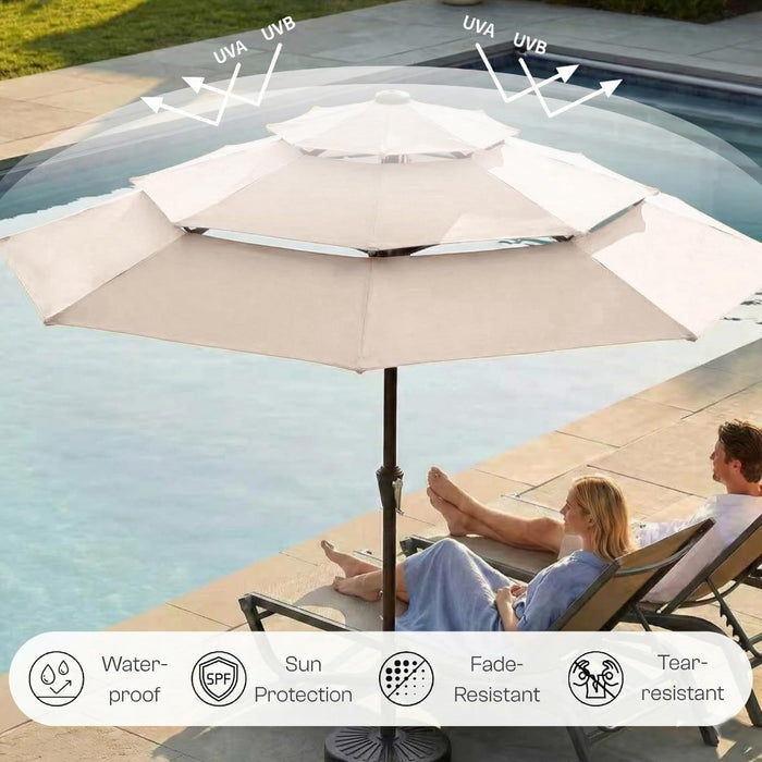 10Ft 3-Tier Patio Umbrella with 32 Solar Powered LED Lights, Windproof Outdoor Market Umbrella for Deck, Poolside & Garden, Sturdy Push-Button Tilt Table Umbrella, Beige