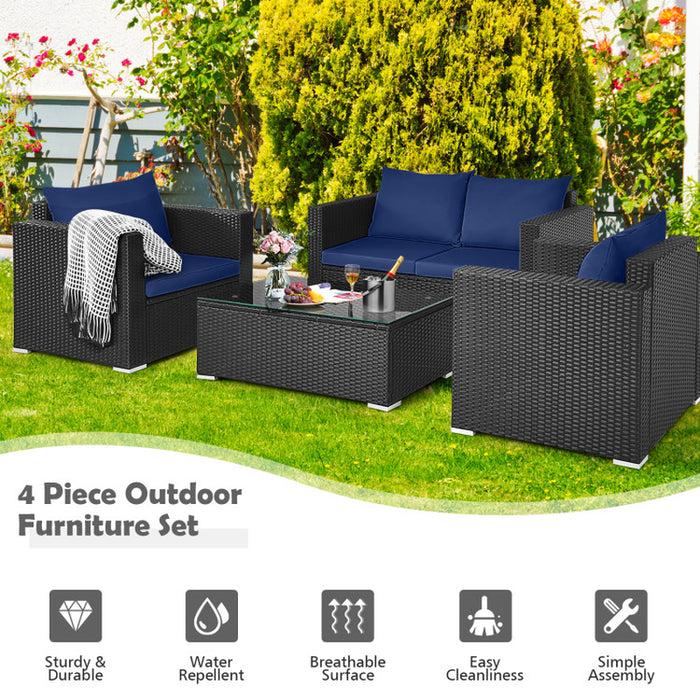 4 Pieces Patio Rattan Conversation Set with Padded Cushions