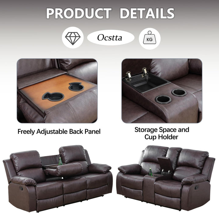 Manual Leather Recliner Sofa Set for Living Room Furniture Set,Leather Recliner Couch Set for Home/Office,Leather Reclining Sofa Set for 3-Pieces(Sofa+Loveseat+Chair) Brown