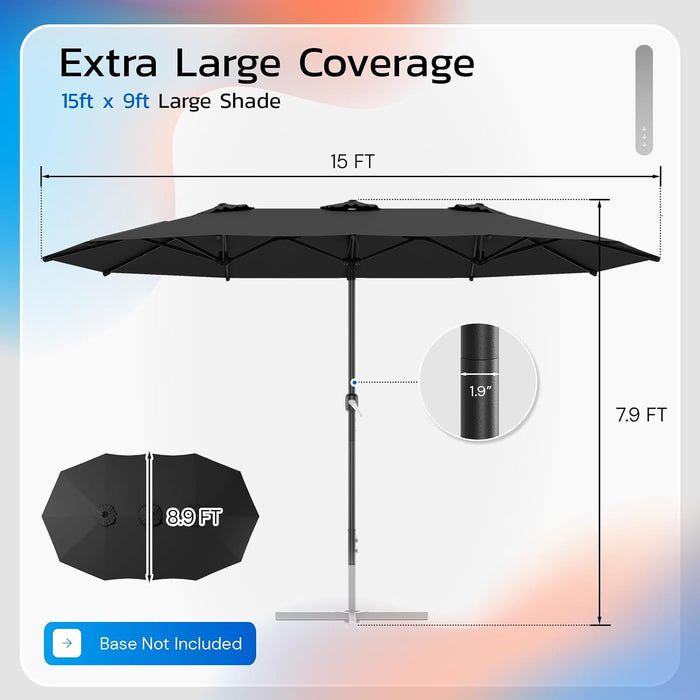 15X9Ft Large Patio Umbrella, Double-Sided Outdoor Market Rectangle Table 177''X104'' Umbrella with Crank Air Vents for Deck Pool Patio(1.9" Pole, Black)