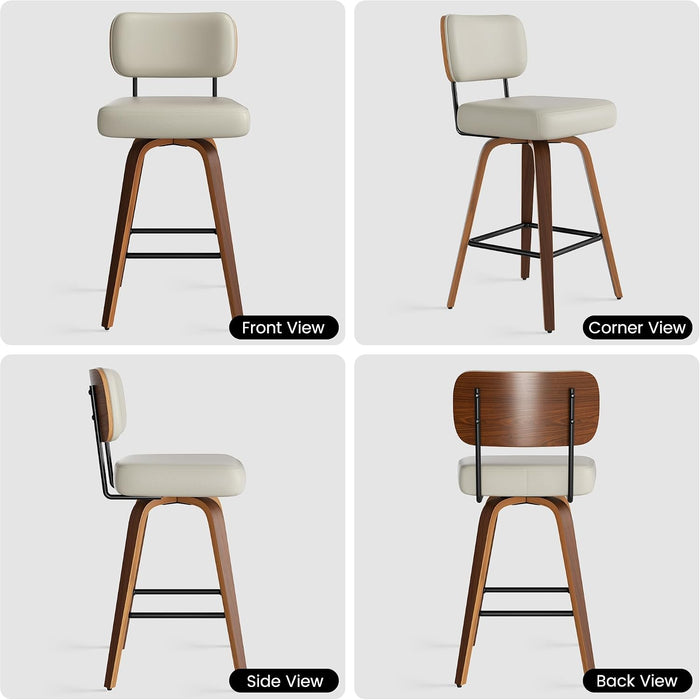 Swivel Bar Stools Set of 2, 26" Upholstered Modern Faux Leather Counter Height Barstools with Walnut Back & Bentwood Legs, Mid Century Bar Chairs Island Stools for Kitchen Counter, Beige Grey