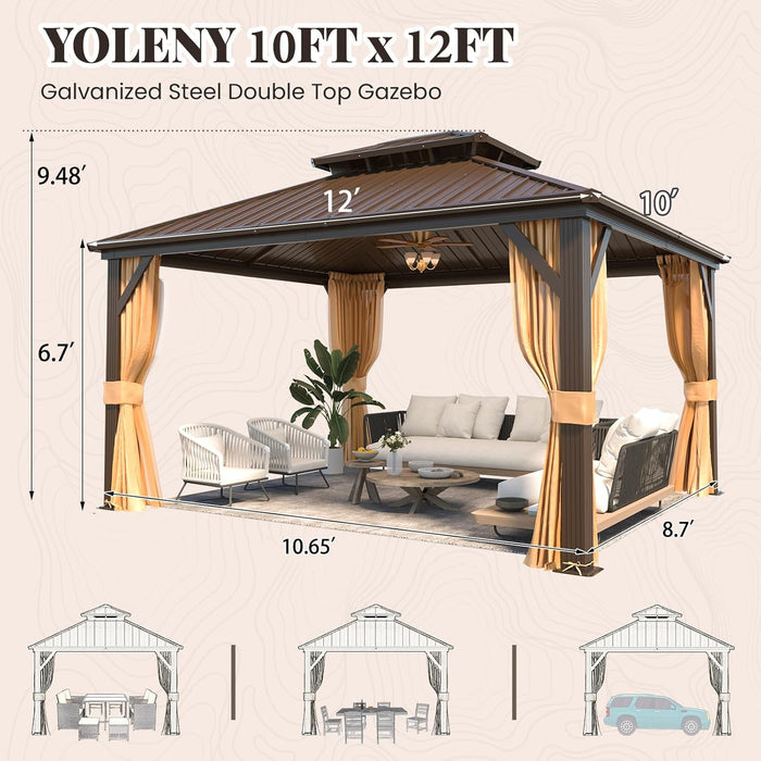 10' X 12' Hardtop Gazebo, Metal Gazebo with Aluminum Frame, Double Galvanized Steel Roof, Curtains and Netting Included, Pergolas for Patios, Garden, Parties, Lawns